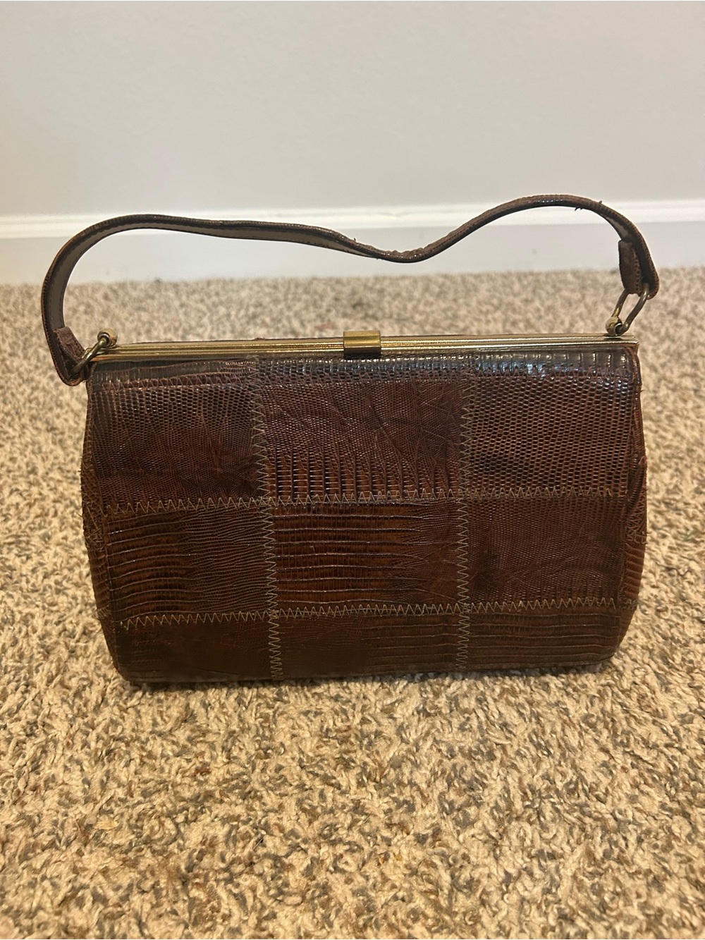 Vintage Brown Leather Handbag With Gold Hardeware